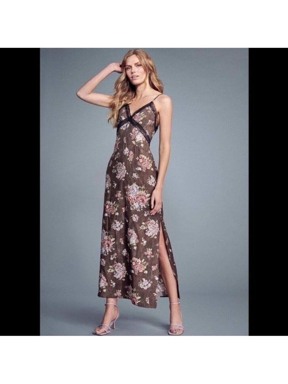 Brock Collection x H&M Slip Maxi Dress Woodsy Brown Floral Lace Strappy Y2K M
